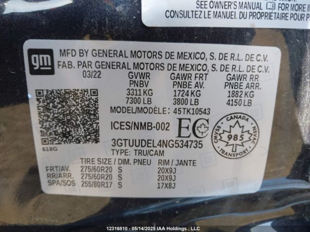 3GTUUDEL4NG534735 GMC l87