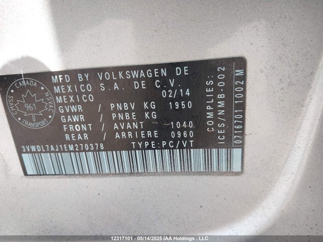 12317101 :رقم المزاد ، 3VWDL7AJ1EM270378 vin ، 2014 Volkswagen Jetta Tdi مزاد بيع