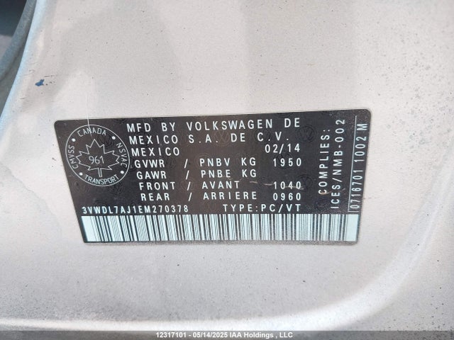12317101 :رقم المزاد ، 3VWDL7AJ1EM270378 vin ، 2014 Volkswagen Jetta Tdi مزاد بيع
