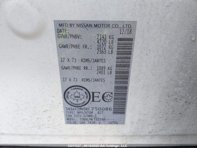 5N1AT2MV0KC750086 Nissan Rogue
