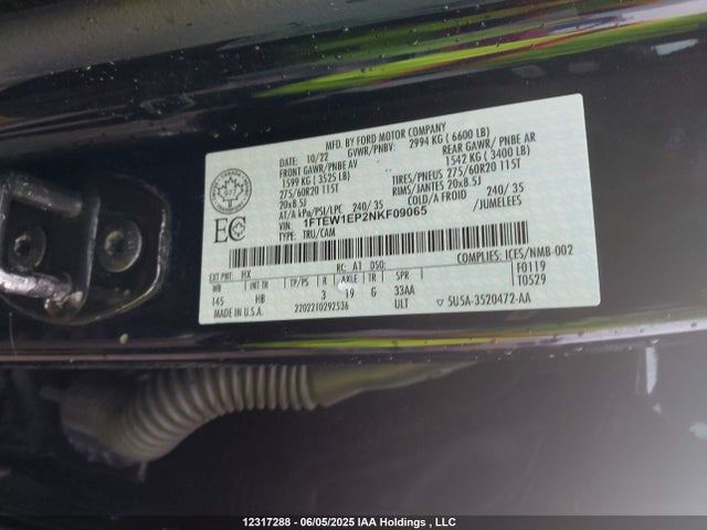 12317288 :رقم المزاد ، 1FTEW1EP2NKF09065 vin ، 2022 Ford F-150 Lariat مزاد بيع