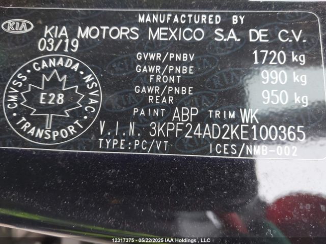 3KPF24AD2KE100365 KIA mpi nu