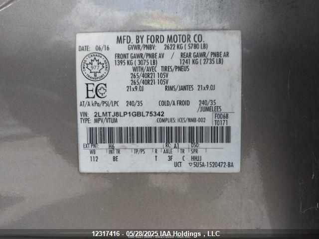 2LMTJ8LP1GBL75342 Lincoln Mkx Reserve