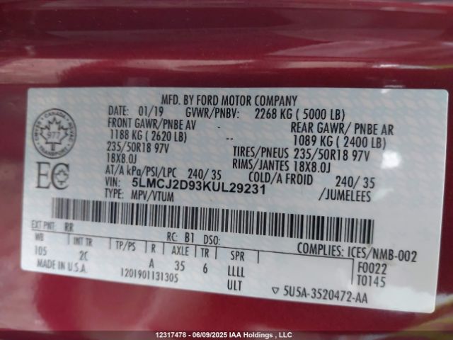 5LMCJ2D93KUL29231 Lincoln 2.0l ecoboost