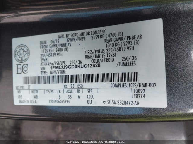 1FMCU9GD0KUC12628 Ford ESCAPE SE
