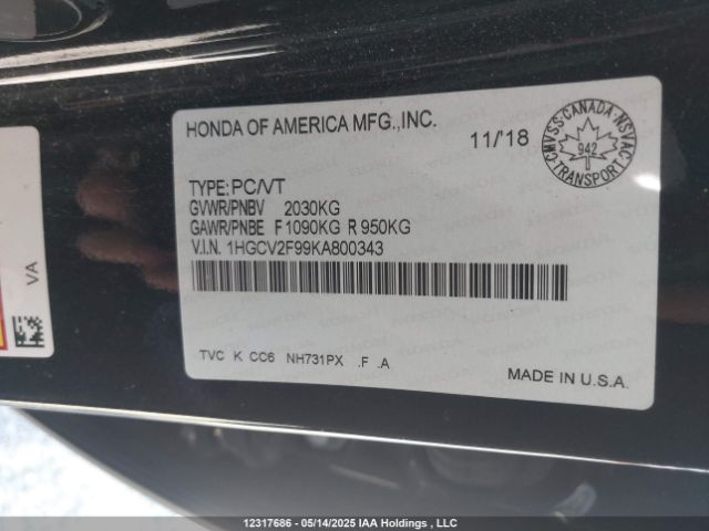 1HGCV2F99KA800343 Honda Accord Touring