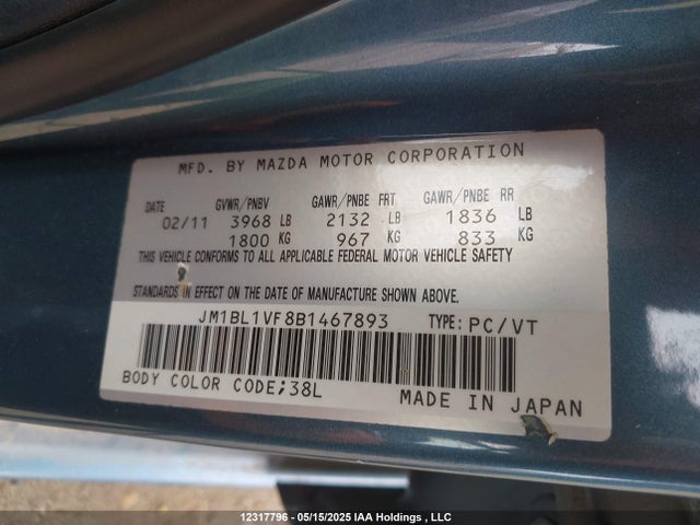Aukcja sprzedaży 2011 Mazda 3 I, vin: JM1BL1VF8B1467893, numer aukcji: 12317796