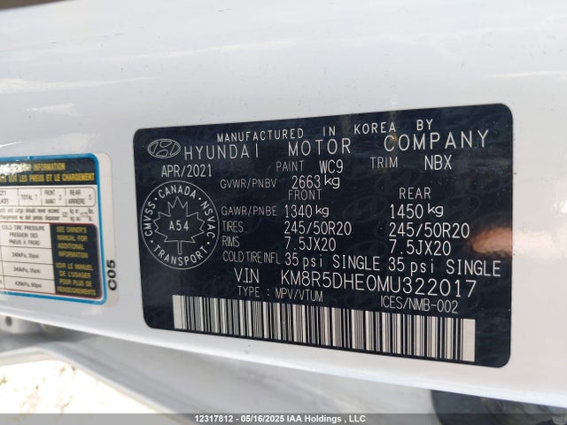 KM8R5DHE0MU322017 Hyundai gdi lambda ii