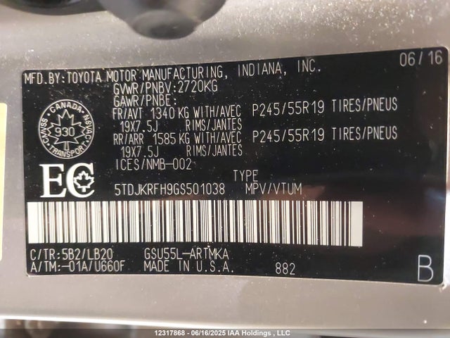 5TDJKRFH9GS501038 Toyota 2gr-fe