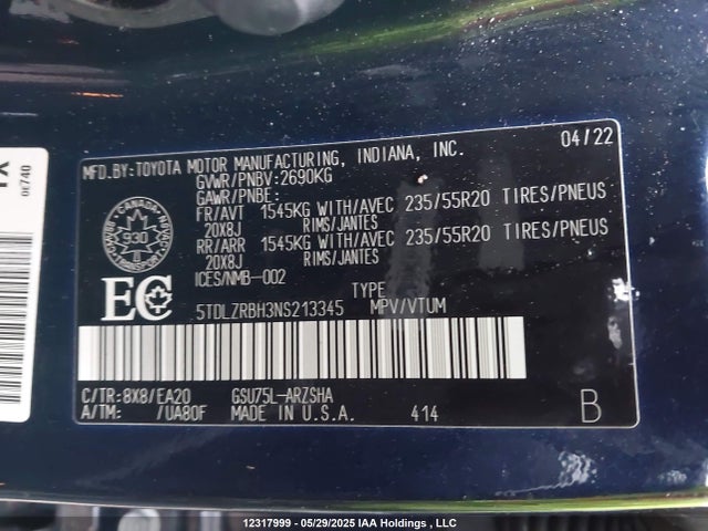 5TDLZRBH3NS213345 Toyota Highlander