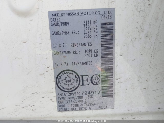 5N1AT2MV9JC794912 Nissan Rogue