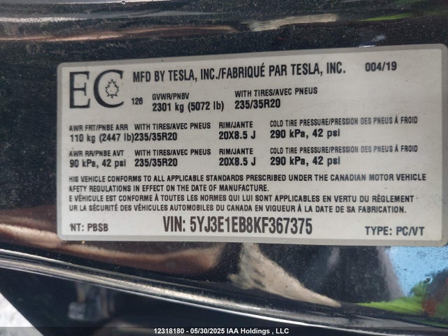 5YJ3E1EB8KF367375 Tesla MODEL 3