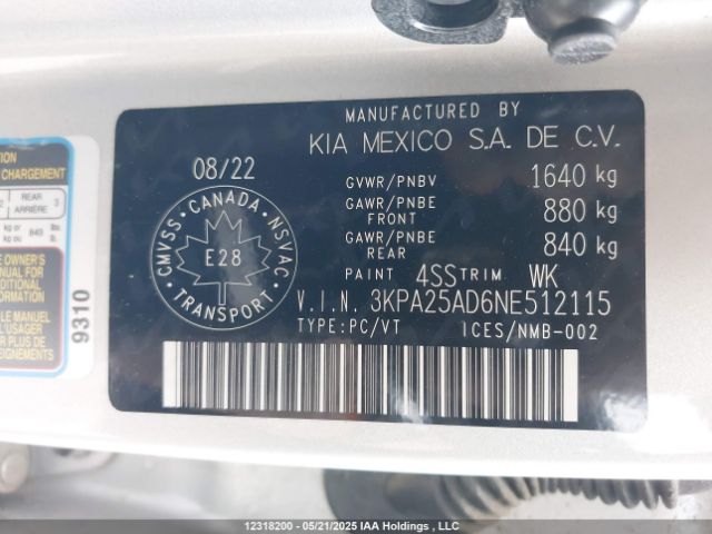 3KPA25AD6NE512115 KIA mpi gamma ii