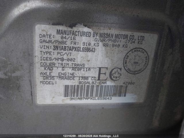 3N1AB7APXGL659643 Nissan 2016