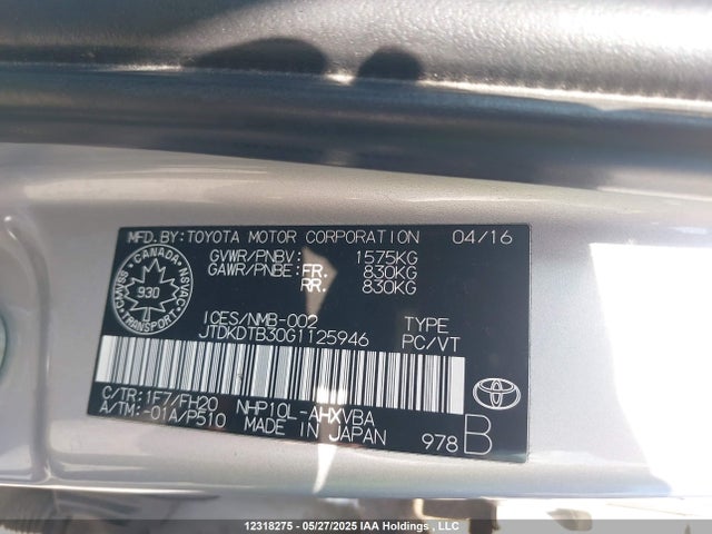 JTDKDTB30G1125946 Toyota 1nz-fxe+1lm
