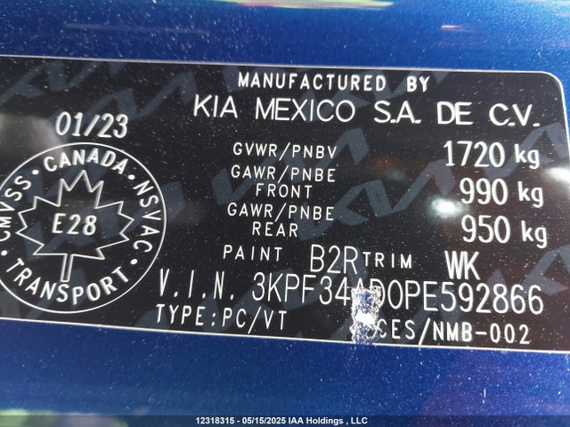 12318315 :رقم المزاد ، 3KPF34AD0PE592866 vin ، 2023 Kia Forte Ex/ex+/ex Premium مزاد بيع
