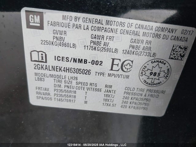 2GKALNEK4H6305026 GMC lea - sidi: spark ignited direct injection, e85 max, alum