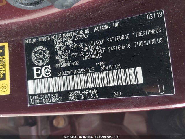 5TDJZRFH4KS981025 Toyota 2gr-fks