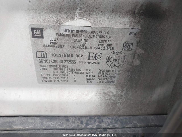 3GNCJKSB9GL272555 Chevrolet luv - mfi, vvt, alum, gme e85 max