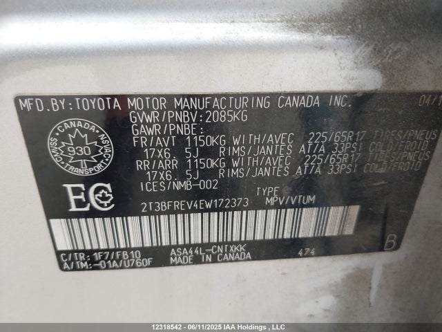2T3BFREV4EW172373 Toyota 2ar-fe