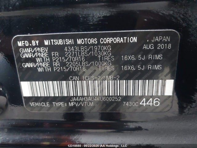JA4AH3AU4KU600252 Mitsubishi mivec