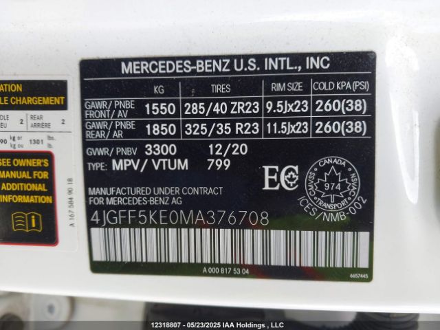 4JGFF5KE0MA376708 Mercedes-Benz Gls 450 4matic