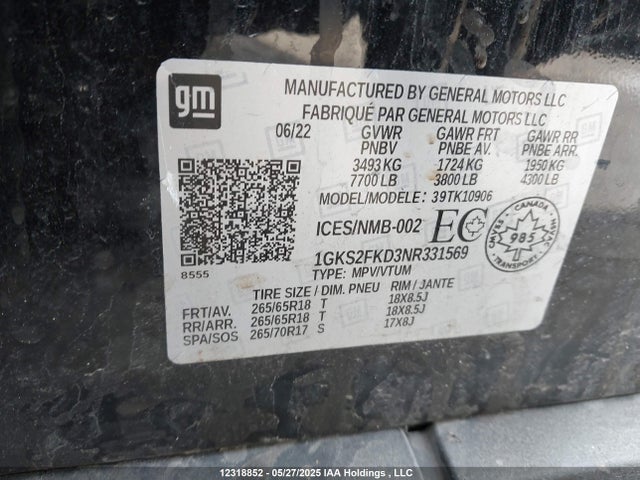 1GKS2FKD3NR331569 GMC l84 - di, dfm, alum, gen 5, var 2