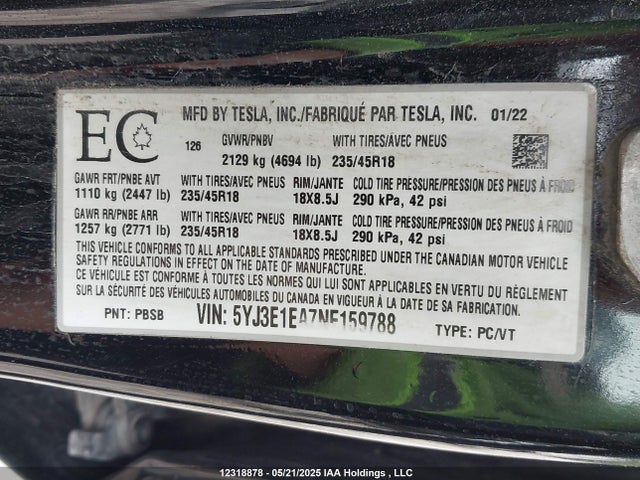 Tesla MODEL 3 2022 5YJ3E1EA7NF159788 Image 9