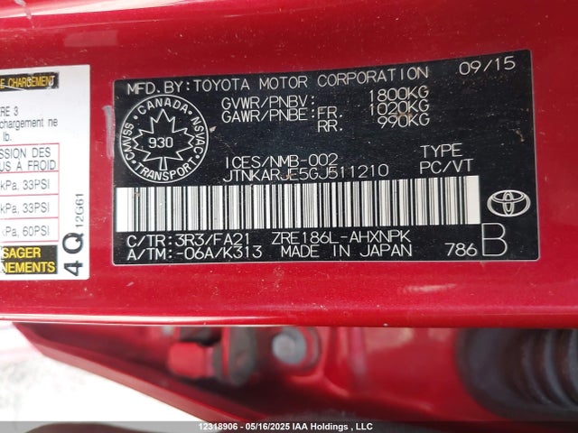JTNKARJE5GJ511210 Toyota 2zr-fae