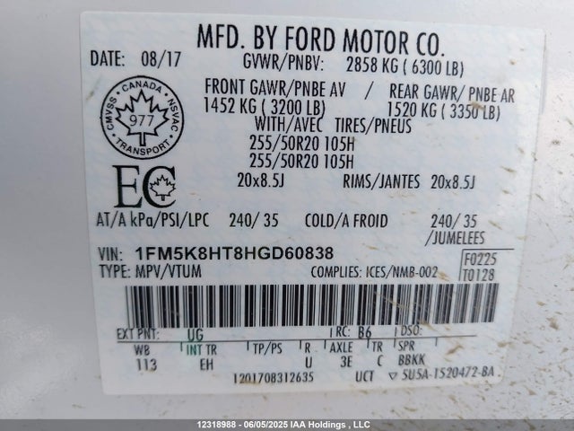 1FM5K8HT8HGD60838 Ford Explorer Platinum