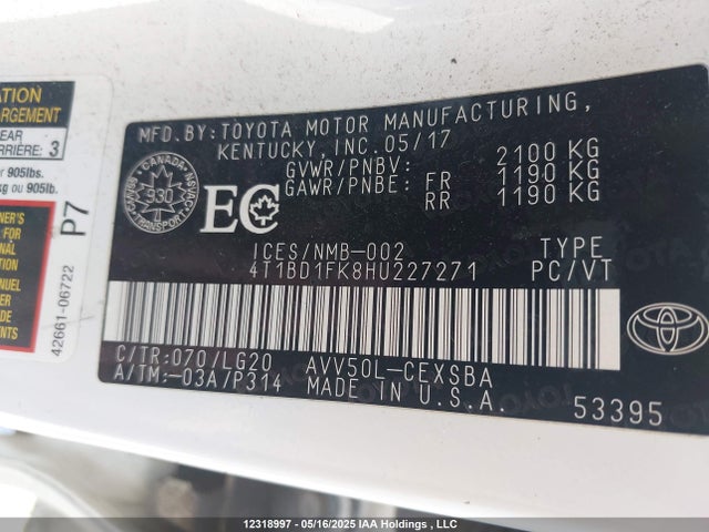 Toyota 2ar-fxe+2jm 2017 4T1BD1FK8HU227271 Image 9