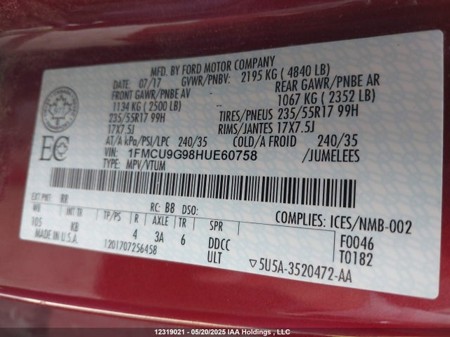 1FMCU9G98HUE60758 Ford 2017