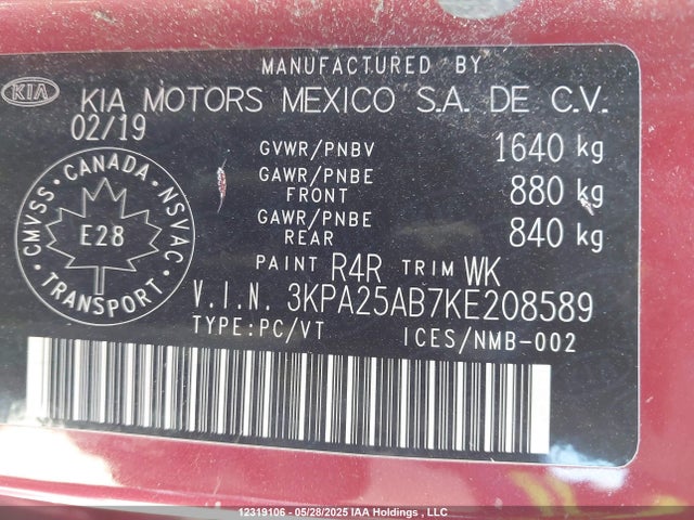 3KPA25AB7KE208589 KIA gdi gamma