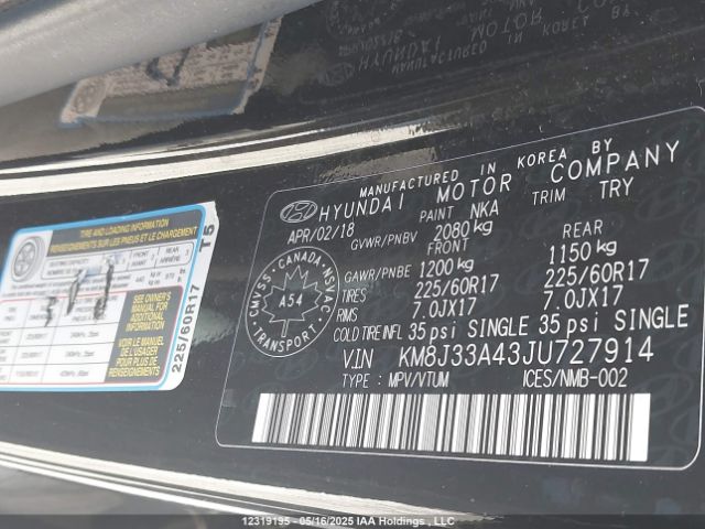 KM8J33A43JU727914 Hyundai Tucson Limited/sport And Eco/se