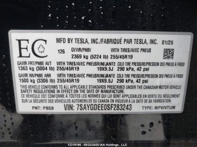 7SAYGDEE0SF283243 Tesla Model Y