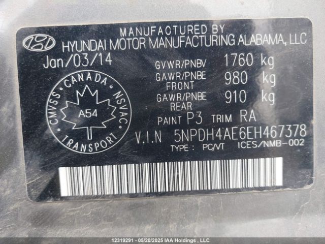 5NPDH4AE6EH467378 Hyundai Elantra Se/sport/limited