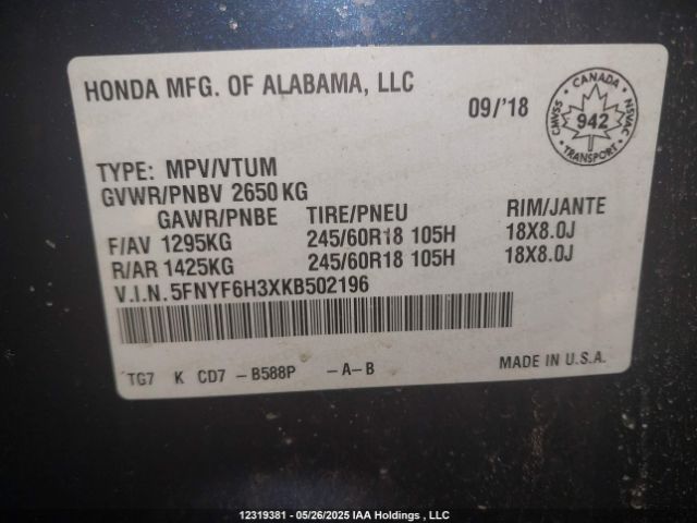 5FNYF6H3XKB502196 Honda j35y6