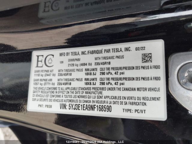 5YJ3E1EA9NF168590 Tesla MODEL 3