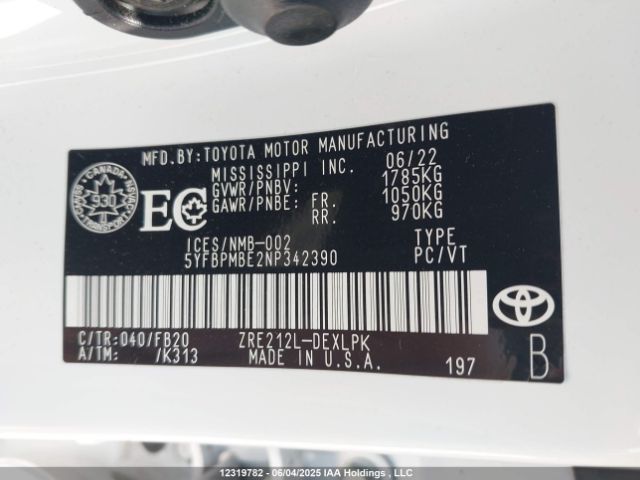5YFBPMBE2NP342390 Toyota COROLLA LE