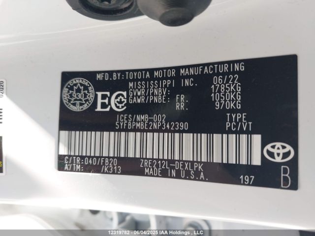 5YFBPMBE2NP342390 Toyota COROLLA LE