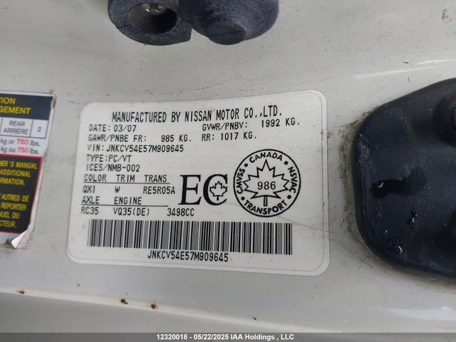 Aukcja sprzedaży 2007 Infiniti G35, vin: JNKCV54E57M909645, numer aukcji: 12320018