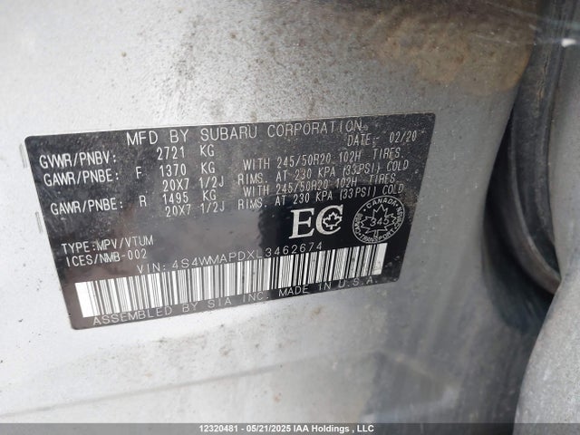 4S4WMAPDXL3462674 Subaru 2020