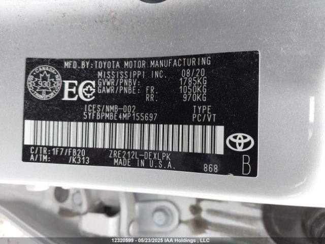 5YFBPMBE4MP155697 Toyota COROLLA LE