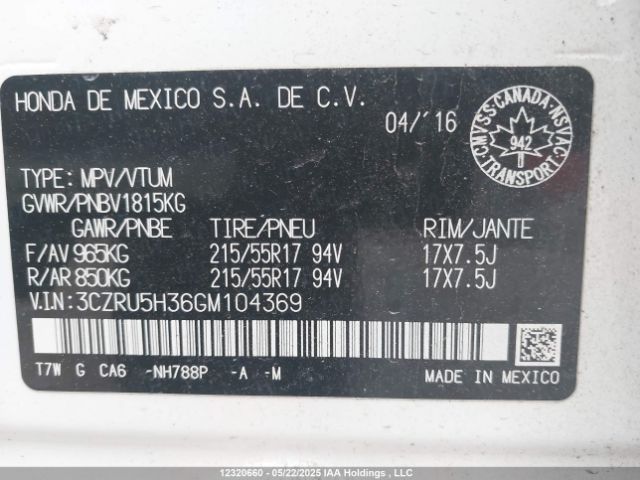 3CZRU5H36GM104369 Honda HR-V LX