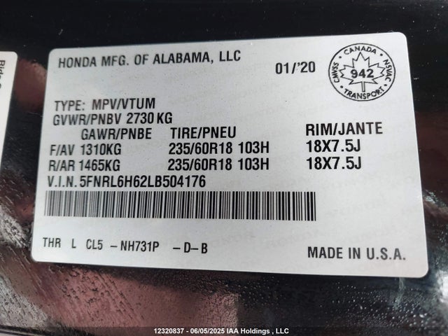 5FNRL6H62LB504176 Honda j35y7