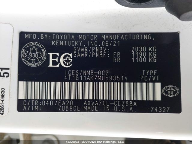 4T1G11AK7MU593514 Toyota CAMRY SE