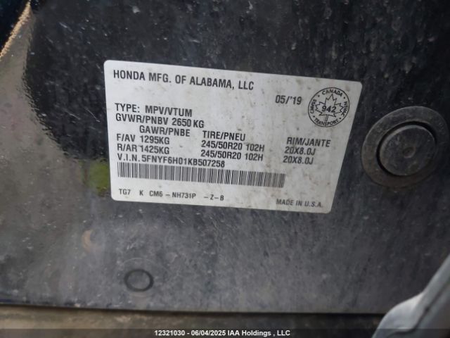 5FNYF6H01KB507258 Honda Pilot