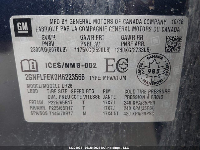 2GNFLFEK0H6223566 Chevrolet lea - sidi: spark ignited direct injection, e85 max, alum