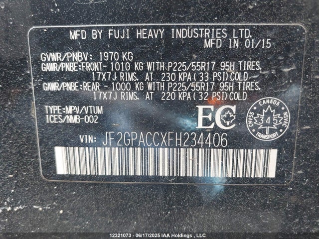 JF2GPACCXFH234406 Subaru 2.0l naturally aapirated