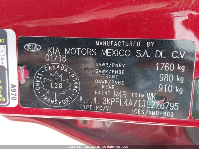 3KPFL4A71JE228795 KIA mpi nu
